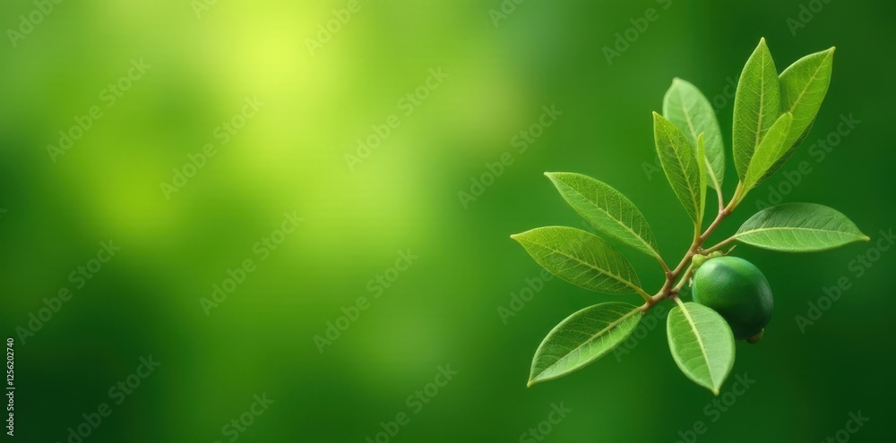 Lush Green Branch with Single Unripe Fruit Against a Soft Blurred Background, Perfect for Nature-Themed Designs and Projects. Lush Green Branch with Single Unripe Fruit Against a Soft Blurred Background, Perfect for Nature-Themed Designs and Projects.