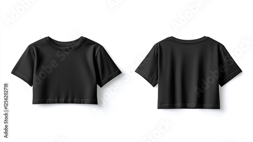 Black cropped t-shirt mockup back and front view isolated on white background for brand presentation.