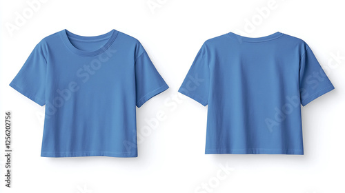 Blue cropped t-shirt mockup back and front view isolated on white background for brand presentation.