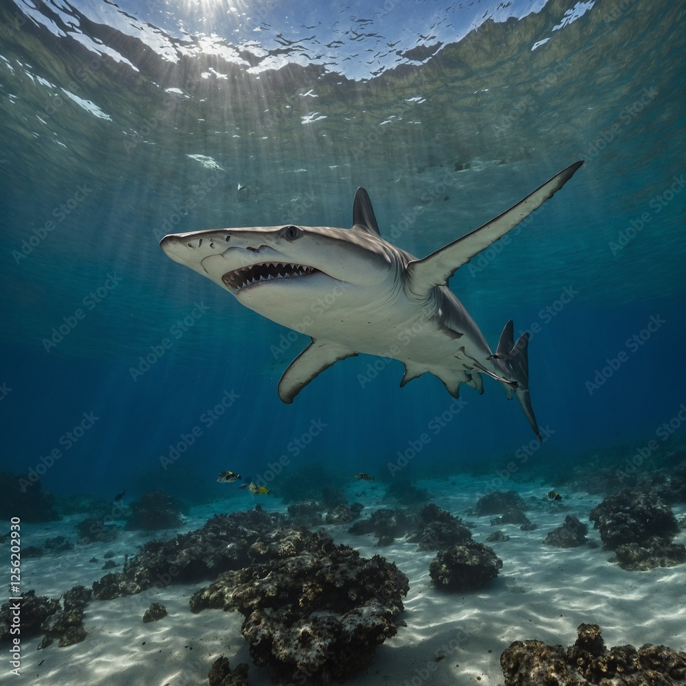 A lone barracuda hovering in the tranquil, clear sea. Great White Shark shark in the sea A majestic shark gliding effortlessly in the clear ocean depths. A lone barracuda hovering in the tranquil, clear sea. Great White Shark shark in the sea A majestic shark gliding effortlessly in the clear ocean depths.