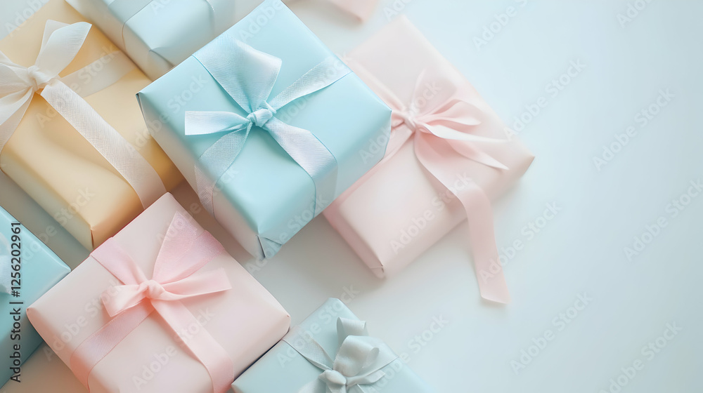 Neatly wrapped pastel-colored gifts stacked on a white background with decorative ribbons and bows Neatly wrapped pastel-colored gifts stacked on a white background with decorative ribbons and bows