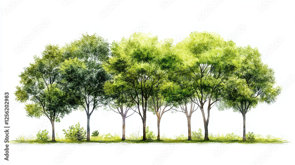 Fototapeta premium Green forest trees watercolor art isolated on white background.