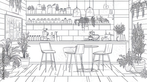 Interior sketch of a plant-filled cafe photo