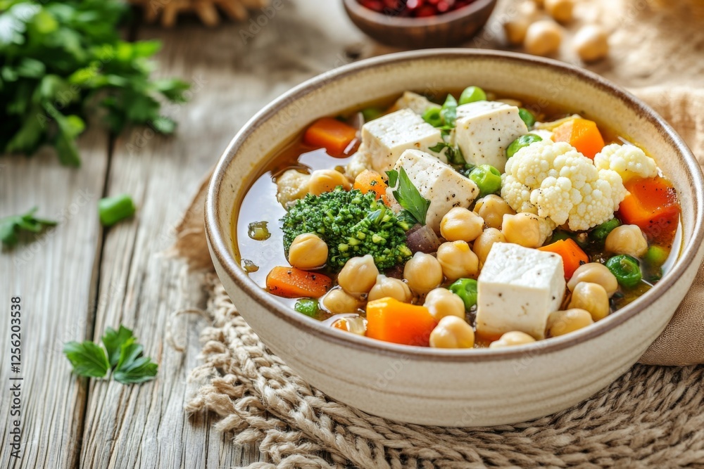Vegan stew featuring cauliflower, vegetables, and grains in a deep bowl on rustic background Vegan stew featuring cauliflower, vegetables, and grains in a deep bowl on rustic background