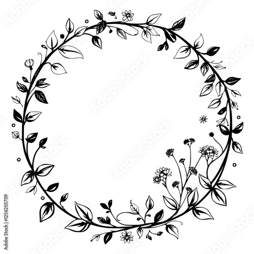 Elegant black and white floral wreath, a circular frame with leaves and flowers around the borders.