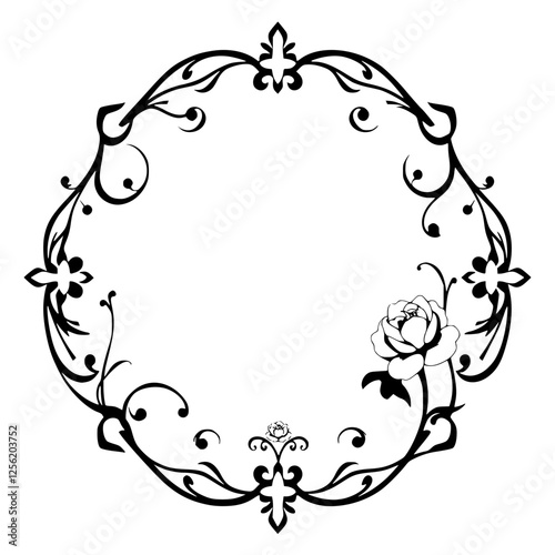 Floral border design of an oval frame with intricate floral patterns and a white rose on a white background.