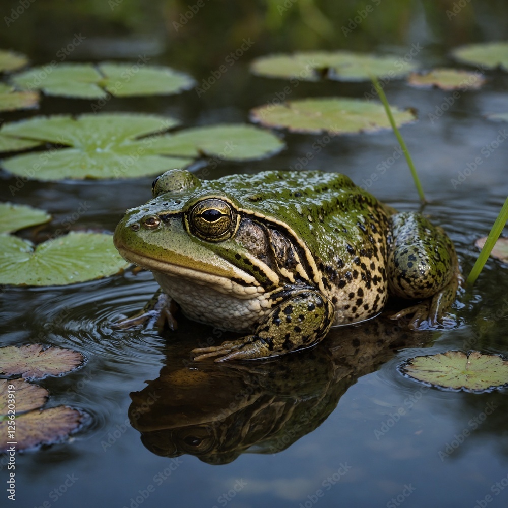 Vibrant Environment with an Eungella Torrent Frog Leaping Across a Stream Frog laying eggs, close-up view, clear water, clusters of eggs, detailed textures, natural environment, aquatic plants, gentl Vibrant Environment with an Eungella Torrent Frog Leaping Across a Stream Frog laying eggs, close-up view, clear water, clusters of eggs, detailed textures, natural environment, aquatic plants, gentl