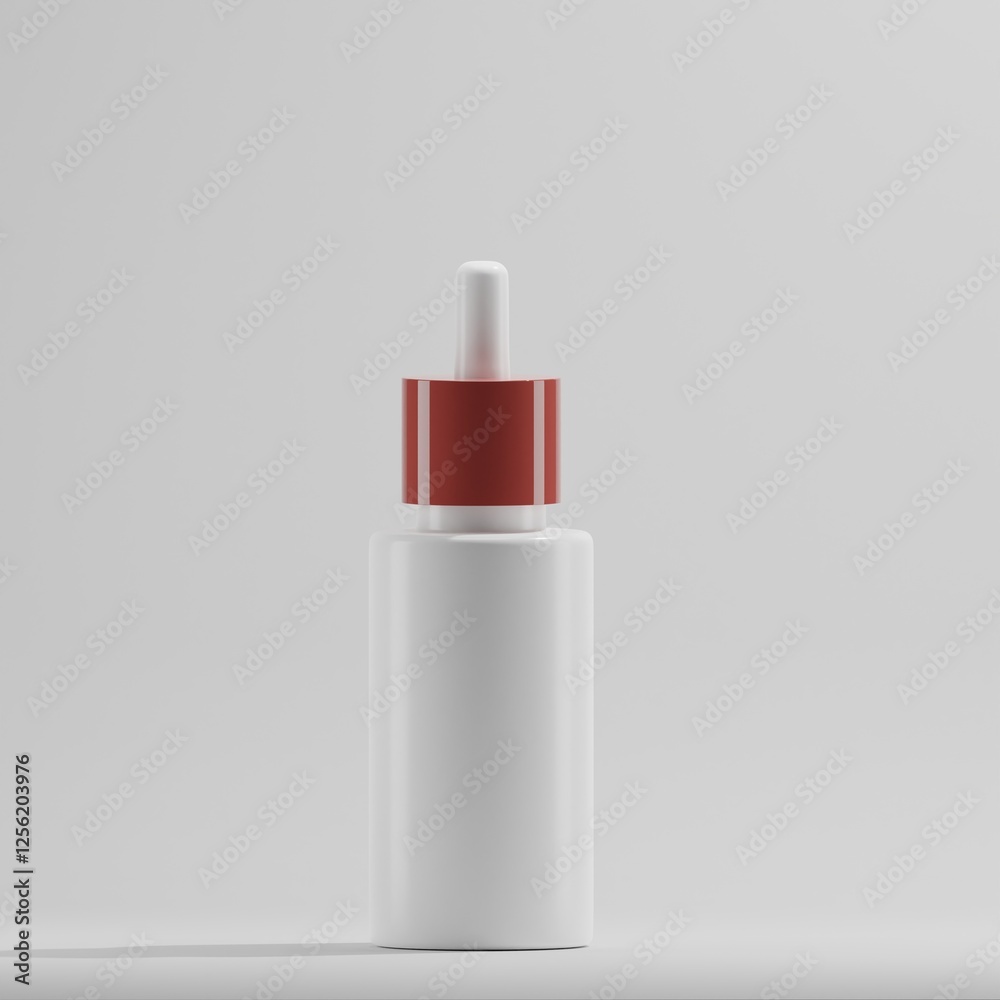 A minimalist 3D rendering of a sleek, bulb-shaped cosmetic bottle with a black body, white cap, and blank label on a light gray background. Perfect for showcasing branding designs for beauty or person A minimalist 3D rendering of a sleek, bulb-shaped cosmetic bottle with a black body, white cap, and blank label on a light gray background. Perfect for showcasing branding designs for beauty or person