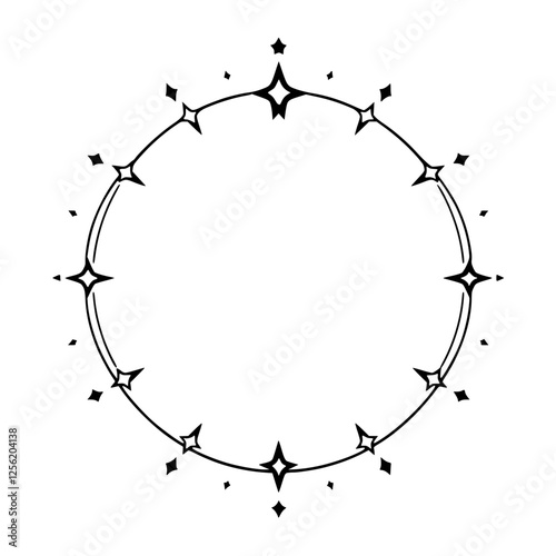 Celestial frame of a star circle. Black and white illustration of a decorative circle with star-shaped elements.