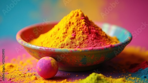 Celebration of Holi With Vibrant Gulal Powder and Colorful Balls Capturing the Spirit of Cultural Unity and Spring Festivities photo