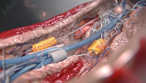 Stent and catheter insertion visualized in detailed 3D medical anatomy.