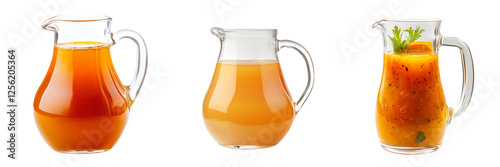 Set of Fresh tropical juice in a clear glass pitcher, featuring vibrant orange, yellow, and green hues on transparent png background. Ai generated