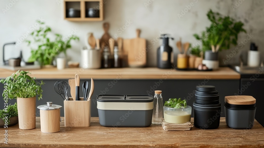 A kitchen countertop with various green and beige containers, a wooden cutting board, utensils in a holder, and fresh herbs. The scene is well-organized and aesthetically pleasing, showcasing practica A kitchen countertop with various green and beige containers, a wooden cutting board, utensils in a holder, and fresh herbs. The scene is well-organized and aesthetically pleasing, showcasing practica