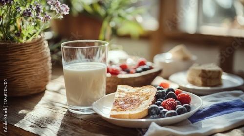 Fresh Breakfast with Toast, Berries, Milk, and Natural Light