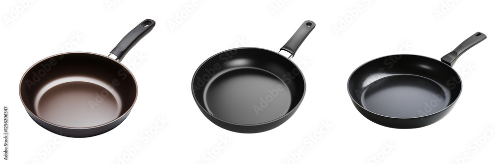 Set of A close-up shot of a sleek Fiskars black aluminium frying pan on a modern kitchen countertop on transparent png background. Ai generated Set of A close-up shot of a sleek Fiskars black aluminium frying pan on a modern kitchen countertop on transparent png background. Ai generated