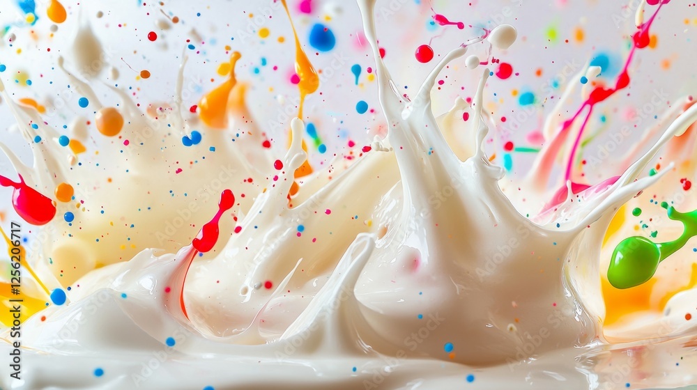 Vibrant Milk Splash with Colorful Drips and Sprays in Studio Setting Vibrant Milk Splash with Colorful Drips and Sprays in Studio Setting