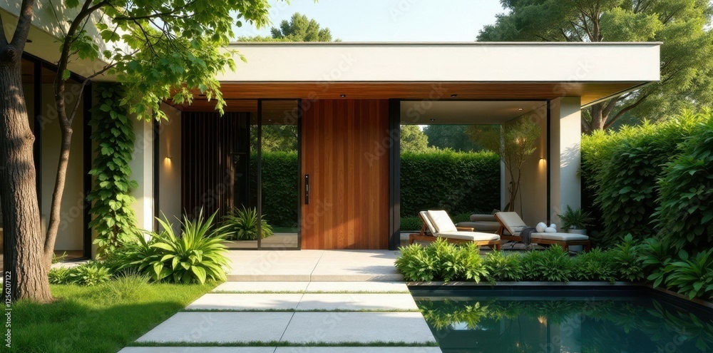 Modern Minimalist Home Exterior with Pool and Lush Landscaping Featuring Tranquil Patio Area