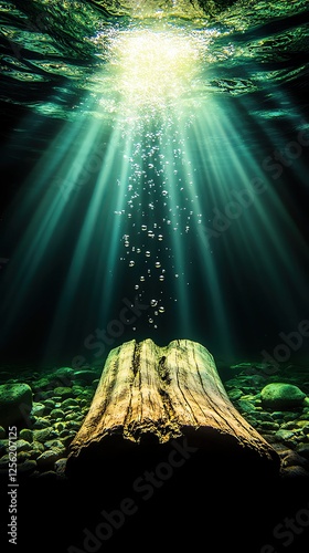 Aeration and oxygenation story Underwater scene with light and bubbles. photo