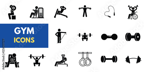 The gym and fitness icon set features a healthy lifestyle, weight training, body care, and exercise equipment icons. A solid vector collection of icons.