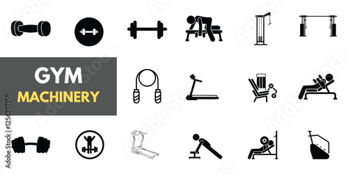 The gym and fitness icon set features a healthy lifestyle, weight training, body care, and exercise equipment icons. A solid vector collection of icons.