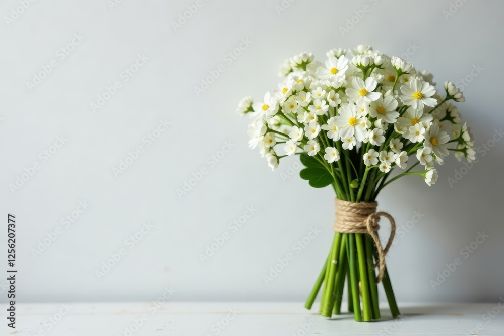 Bouquet of white gypsophila flowers tied with twine on a wooden dowel, rustic, farmhouse decor, dowel Bouquet of white gypsophila flowers tied with twine on a wooden dowel, rustic, farmhouse decor, dowel