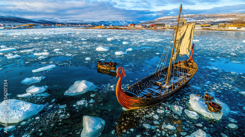 Majestic Viking ship navigating icy waters with scenic mountains and colorful houses in the background