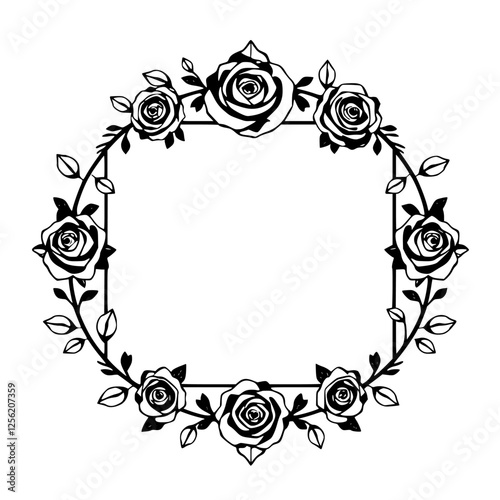 Black and White Roses Border Frame: A floral illustration of a rose border frame in a minimalist style, featuring seven roses and leaves.