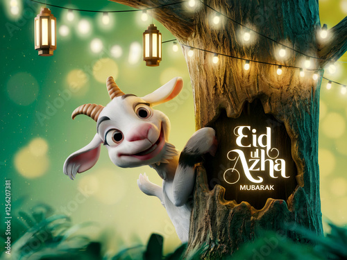 eid ul azha mubarak text written on tree with cute goat and lanterns in background photo