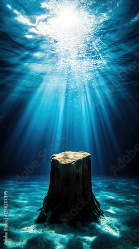 Aeration and oxygenation story Stump submerged in serene underwater light. photo