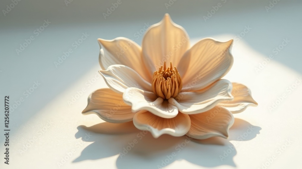 Delicate Cream-Colored Artificial Flower with Golden Center Basking in Sunlight on a White Surface Delicate Cream-Colored Artificial Flower with Golden Center Basking in Sunlight on a White Surface