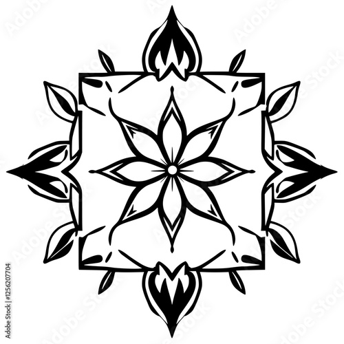 Black and white mandala with a central flower design and leaves within a square.