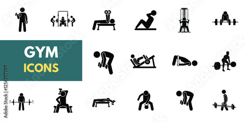 The gym and fitness icon set features a healthy lifestyle, weight training, body care, and exercise equipment icons. A solid vector collection of icons.