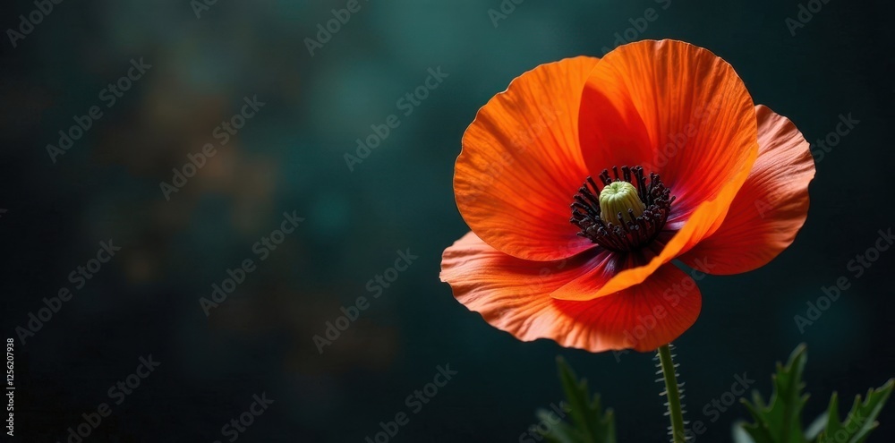 A single vibrant orange poppy blossom against a dark, moody background, showcasing its delicate petals and intricate center A single vibrant orange poppy blossom against a dark, moody background, showcasing its delicate petals and intricate center