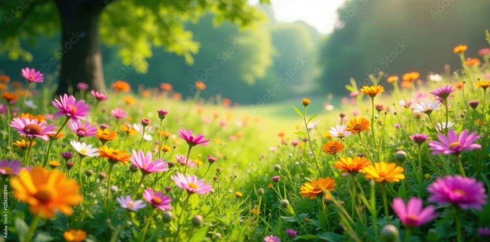 Obraz premium Vibrant wildflowers bathed in the warm glow of morning sunlight, a picturesque meadow teeming with colorful blossoms, creating a breathtaking scene of natural beauty.