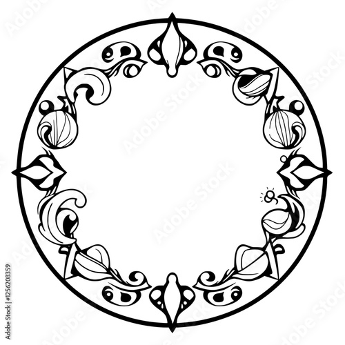 Detailed black and white illustration of a stylized circular border with an elaborate design featuring decorative leaves and floral patterns.
