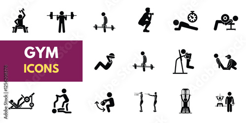 The gym and fitness icon set features a healthy lifestyle, weight training, body care, and exercise equipment icons. A solid vector collection of icons.