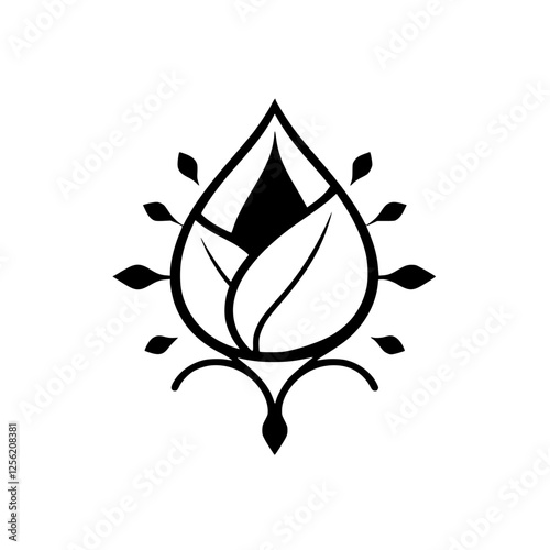 Black and white illustration of a stylized flower, representing a lotus blossom with a teardrop shape, set on a white background.