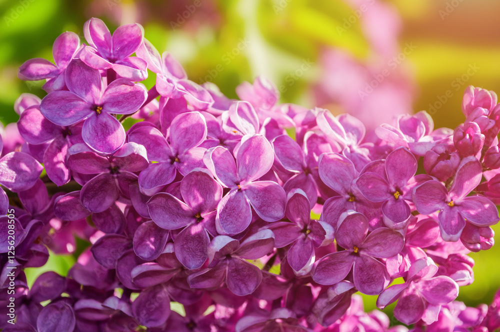 Spring lilac flowers in bloom, spring flower background with lilac blossoming in the spring garden under sunshine. Selective focus at the central lilac flowers Spring lilac flowers in bloom, spring flower background with lilac blossoming in the spring garden under sunshine. Selective focus at the central lilac flowers