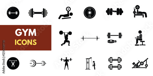 The gym and fitness icon set features a healthy lifestyle, weight training, body care, and exercise equipment icons. A solid vector collection of icons.