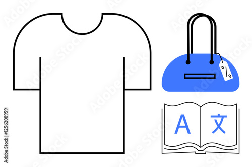 T-shirt, handbag with price tag, and open book with multilingual text. Ideal for fashion, shopping, retail, education, e-commerce marketing branding themes. Line metaphor