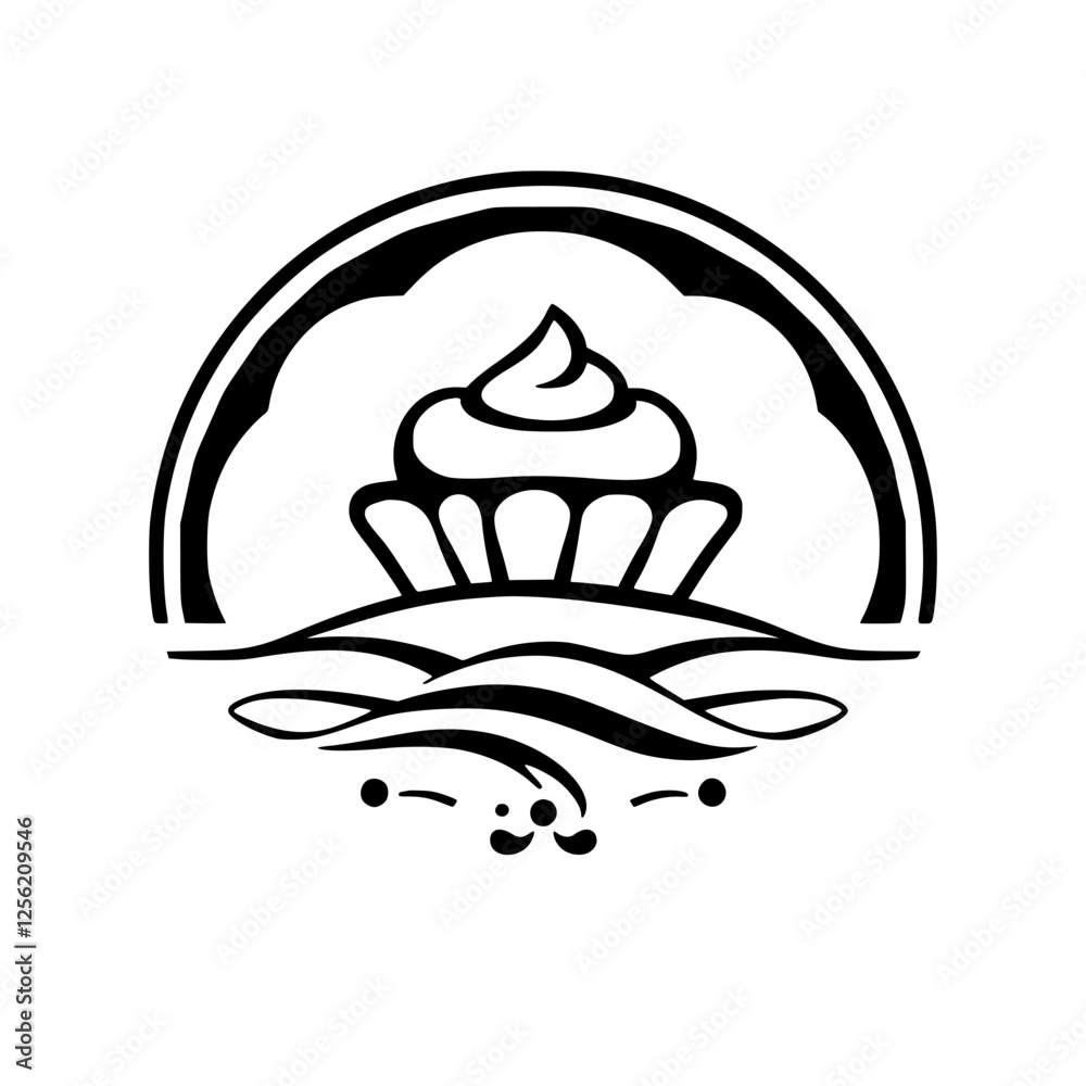 Cupcake Symbol, black and white line drawing, a logo design for a bakery, a stylized cupcake. The artwork is composed of black lines and a white background. The line art is clean and straightforward, Cupcake Symbol, black and white line drawing, a logo design for a bakery, a stylized cupcake. The artwork is composed of black lines and a white background. The line art is clean and straightforward,