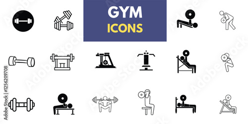 The gym and fitness icon set features a healthy lifestyle, weight training, body care, and exercise equipment icons. A solid vector collection of icons.