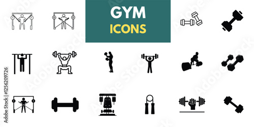 The gym and fitness icon set features a healthy lifestyle, weight training, body care, and exercise equipment icons. A solid vector collection of icons.