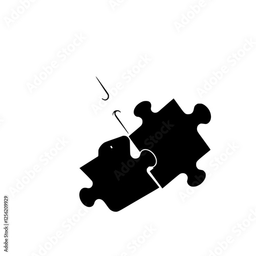 Black puzzle pieces with hook-like connectors in a stark white composition.
