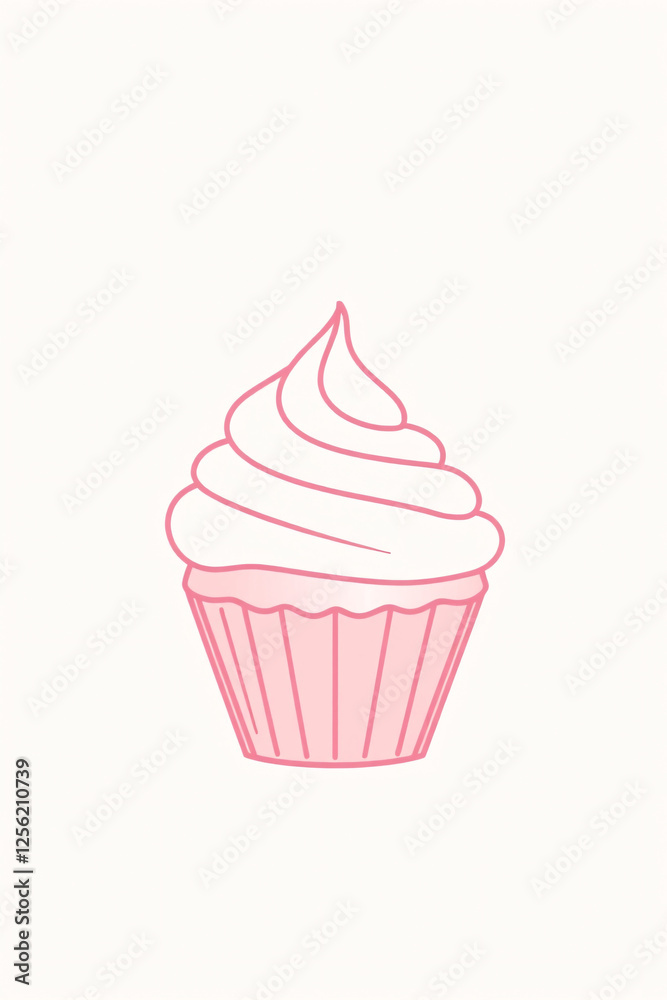 Minimalist pink cupcake illustration with simple line art on white background Minimalist pink cupcake illustration with simple line art on white background