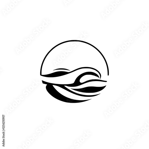 Minimalist black ink artwork of a stylized ocean wave set within a circle, showing a monochromatic design of smooth curves.