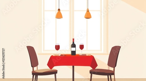 Interior restaurant scene, couple's romantic dinner, sunlight through window, illustration, stock photo photo