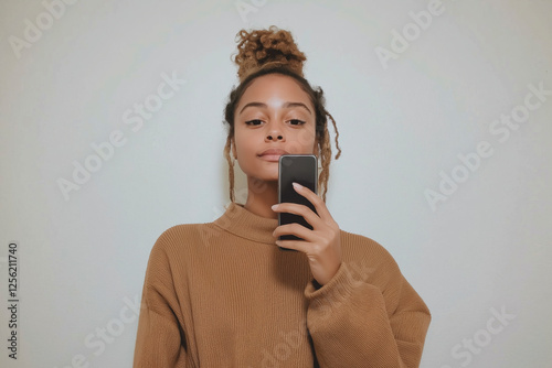 Photo of an attractive woman with a nice figure, taking a selfie in the mirror while wearing a brown sweater, posted on social media