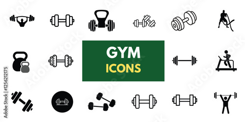 The gym and fitness icon set features a healthy lifestyle, weight training, body care, and exercise equipment icons. A solid vector collection of icons.