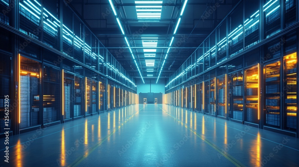 Neon Lit Data Center Aisle with Server Racks and Reflective Floor Neon Lit Data Center Aisle with Server Racks and Reflective Floor